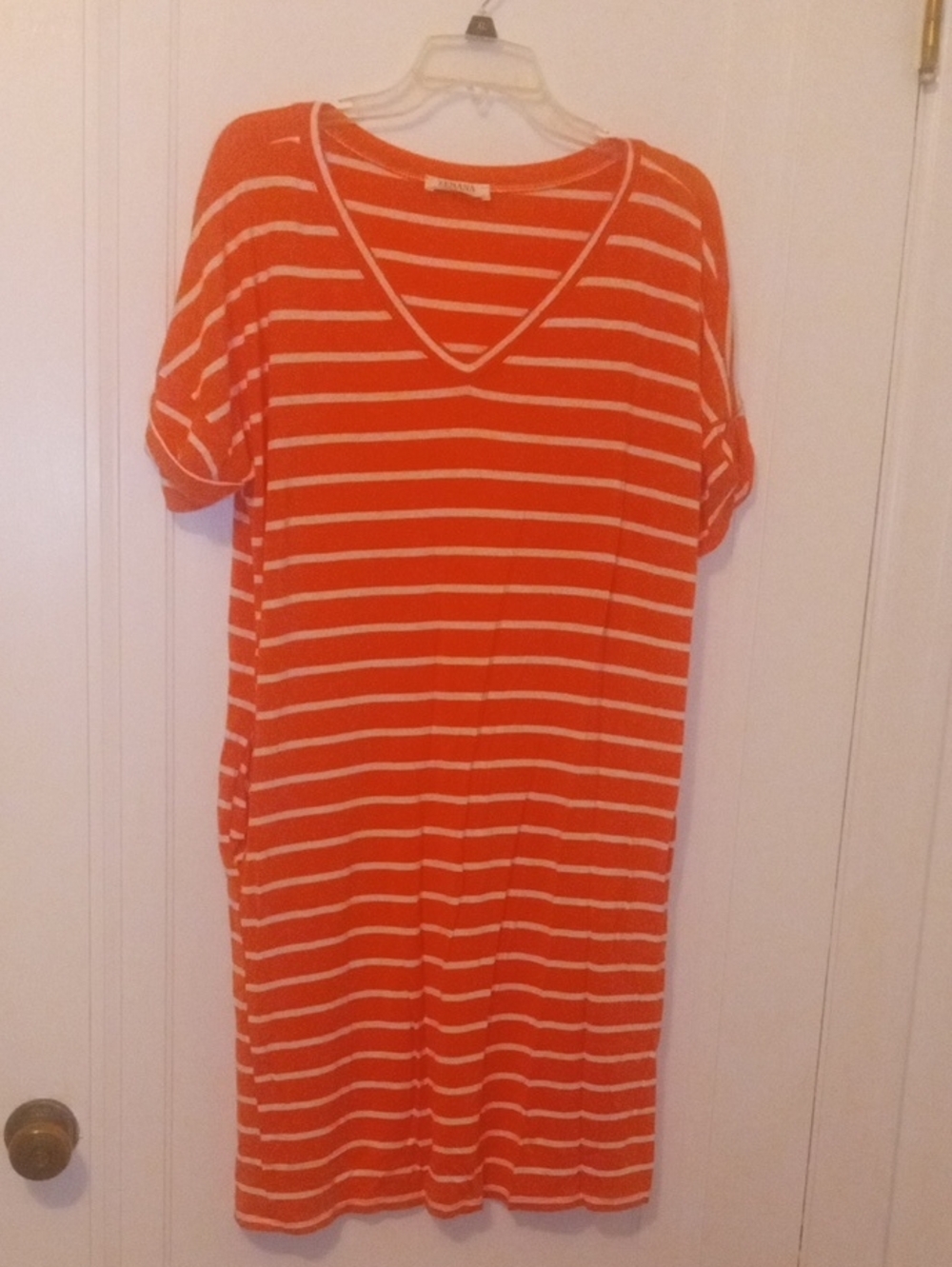 Casual loose fit V-Neck Striped Women’s Dress - Orange & White , large, Zenana